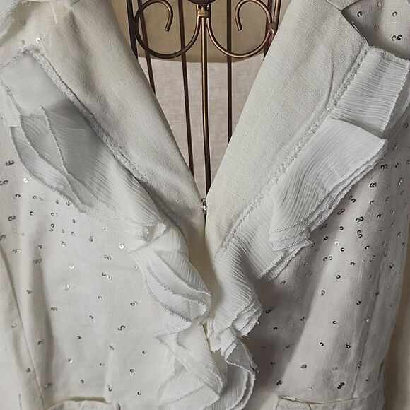 Linen Cotton Blend Ruffled Sequin Jacket Blazer Creamy White Size 16 - Picture 6 of 11